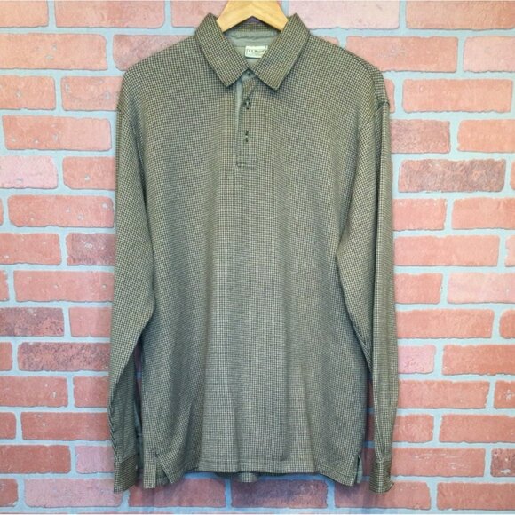 LL Bean Mens Houndstooth Long Sleeve Polo Shirt Size L Grandpa Preppy Old Money - Picture 1 of 8